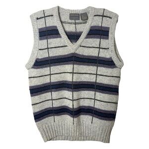 NWT Vtg 80s Wool Sweater Vest Men’s Size Small Grey Striped Preppy Robert Stock